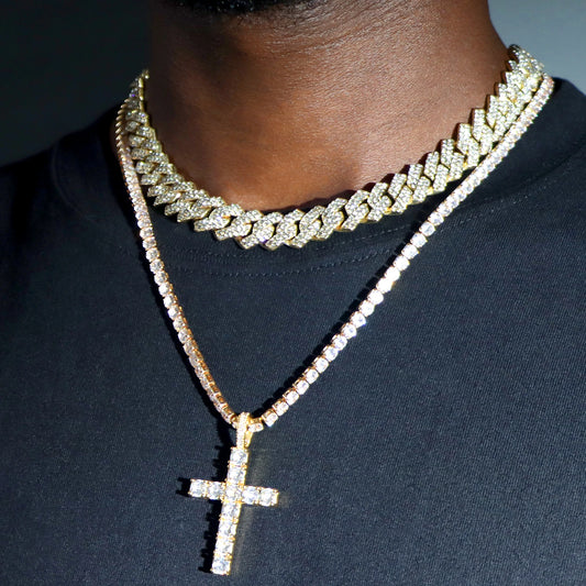 Hip Hop 2pcs Cross Tennis Chain 14MM Prong Cuban Necklace For Men