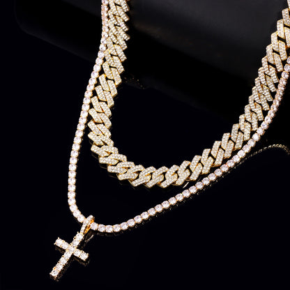 Hip Hop 2pcs Cross Tennis Chain 14MM Prong Cuban Necklace For Men