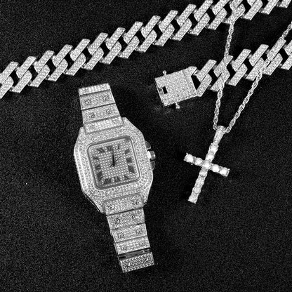 20mm Hip Hop Miami Cuban Link Set Necklace, Watch, Bracelet, Cross, For Men