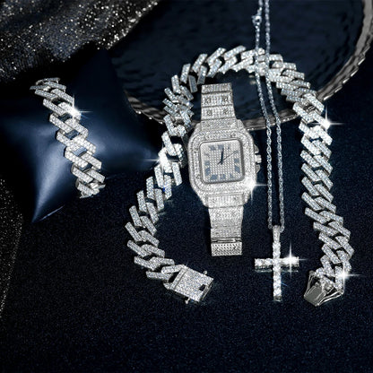 20mm Hip Hop Miami Cuban Link Set Necklace, Watch, Bracelet, Cross, For Men