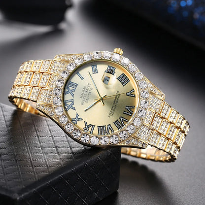 Custom Bling Fully Iced Out Men's Quartz Watch with Red, Green, Blue Dial Roman Numeral