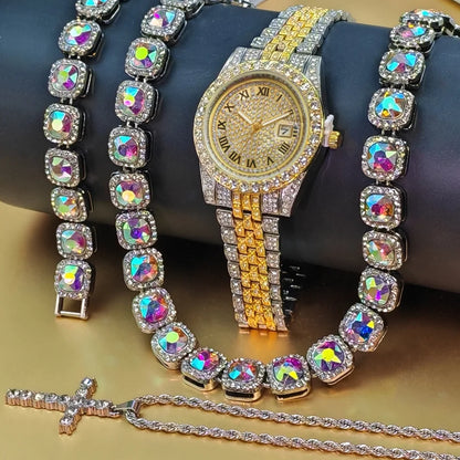 Hip-Hop Watch, Tennis Chain, Cross Necklace Set For Men