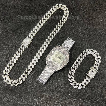 Iced Out Necklace, Watch and Bracelet Set for Men