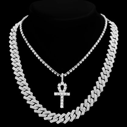 2PCS/Set Iced Out Cross Pendant Tennis Chain Necklace For Men