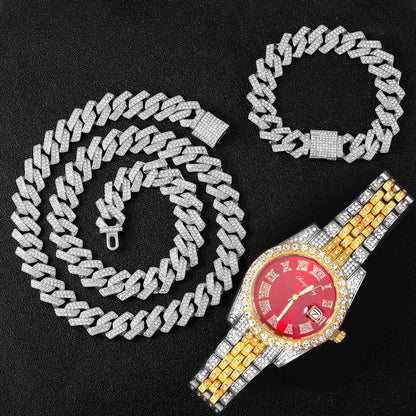 Hip Hop 16MM 3PCS KIT Watch, Cuban Necklace, Bracelet Crystal AAA+ For Men