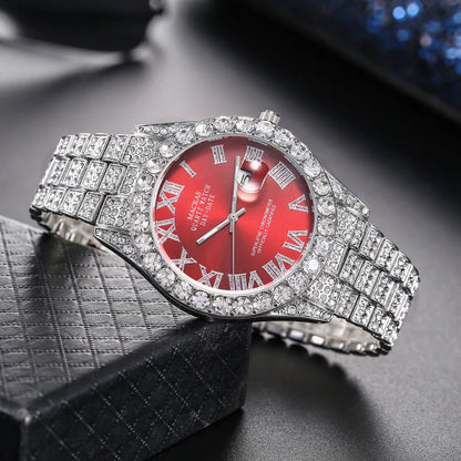 Custom Bling Fully Iced Out Men's Quartz Watch with Red, Green, Blue Dial Roman Numeral