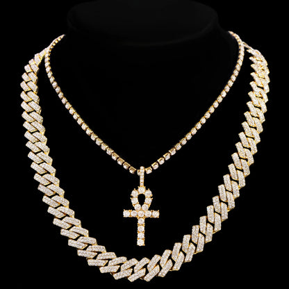2PCS/Set Iced Out Cross Pendant Tennis Chain Necklace For Men