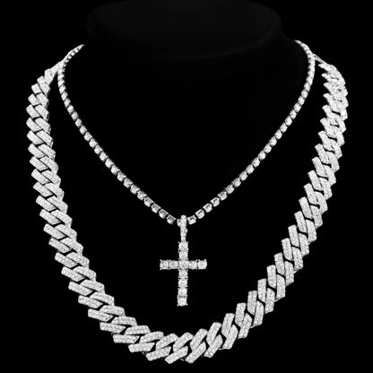 2PCS/Set Iced Out Cross Pendant Tennis Chain Necklace For Men