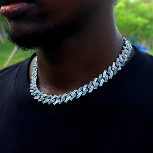 Hip Hop Men's Blue Crystal Cuban Link Chain Necklace