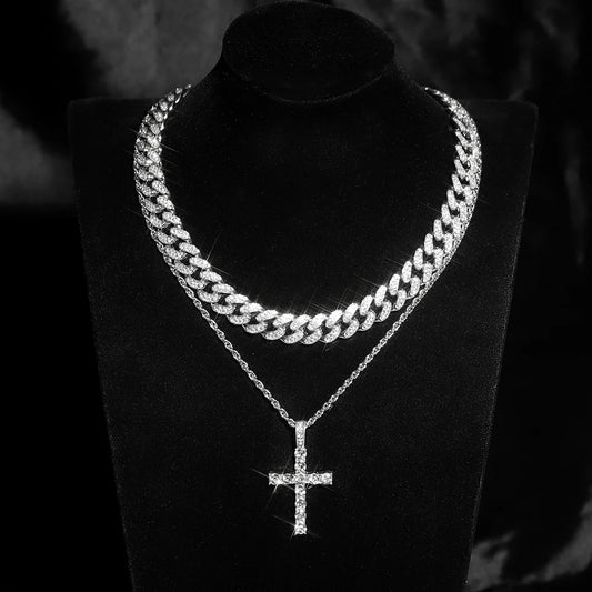 High Quality Set Sparking Cross, Pendant Necklace, Iced Necklace and Watch For Men