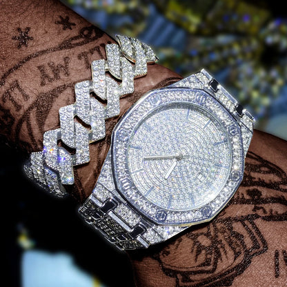 Iced Out Watch and Bracelet Set for Men