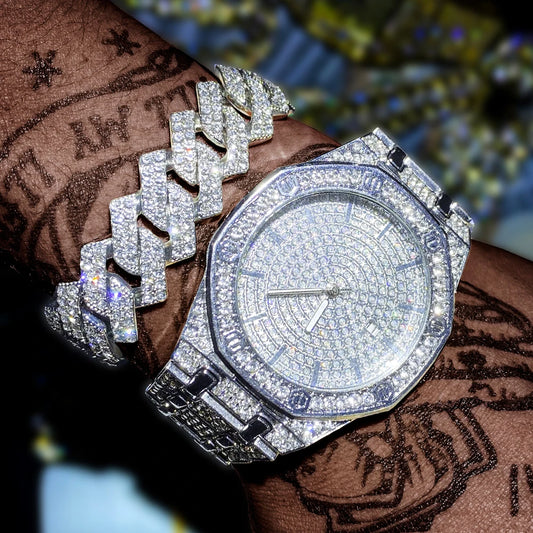 Iced Out Watch and Bracelet Set for Men